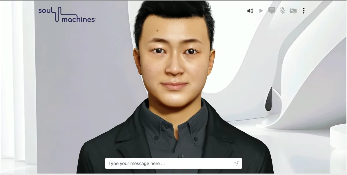 男性形象 Avatar 界面：全屏数字人视频，底部为文字输入框，右上角有麦克风、摄像头、音量控件
