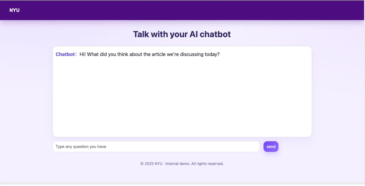 纯文字聊天界面：顶部标题 Talk with your AI chatbot，中间对话区，底部输入框与发送键