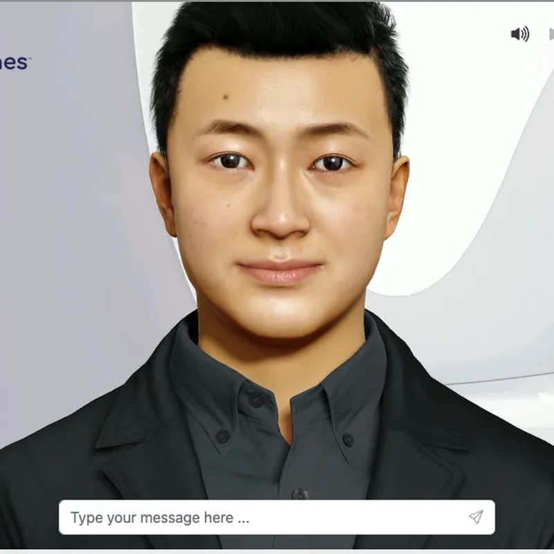 男性形象 3D 数字人聊天界面，右上角可见麦克风与摄像头控件